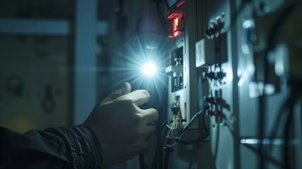 Electrician Handling Power Outage Emergency by Turning On or Off Circuit Breaker on Electrical Fuse Board with Flashlight in Hand for Safe Restoration of Electricity