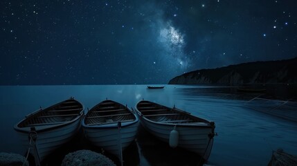 Peaceful rowboats resting under a night sky with stars