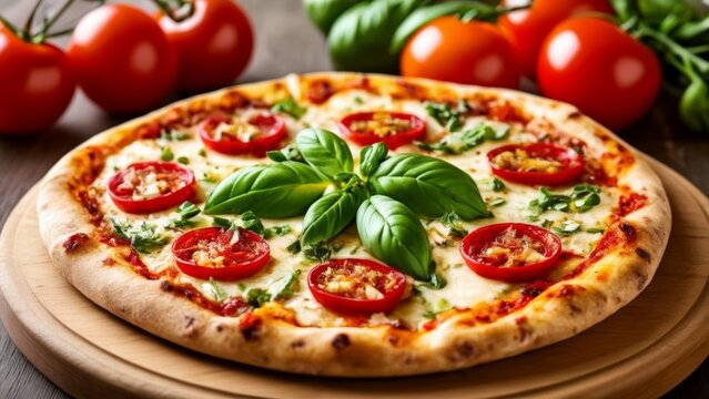  Freshly baked pizza with gardenfresh toppings