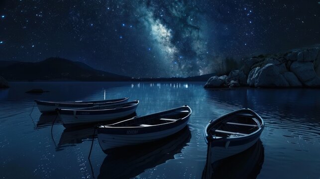 Glistening stars over rowboats on a calm night lake - Powered by Adobe