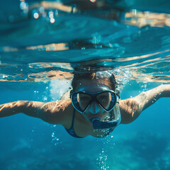 Naklejka premium woman diving in a mask and snorkel in the sea