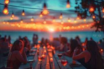 blur people picnic in a public Park with family or friends. the food festival at night