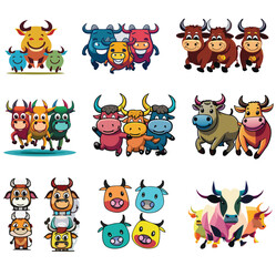 Obraz premium Set of Cartoon Bulls in Various Poses and Styles, Isolated on White Background - Cute and Dynamic Bull Illustrations - Perfect for Children's Books, Educational Materials