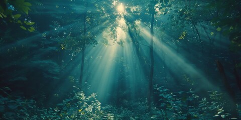 Ethereal misty forest with sun rays piercing through dense foliage, creating magical atmosphere; dark green and light green hues dominate.
