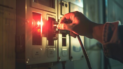 Electrician Handling Power Outage Emergency by Turning On or Off Circuit Breaker on Electrical Fuse Board with Flashlight in Hand for Safe Restoration of Electricity
