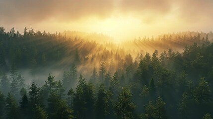 Wide view of a misty forest at sunrise.