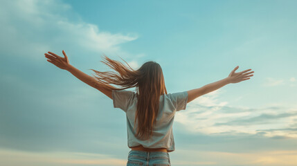 Woman with Arms Outstretched to the Sky - Inspirational and Free-Spirited Outdoor Photography, Back View of Female Embracing Nature, Freedom, and Joyful Moment