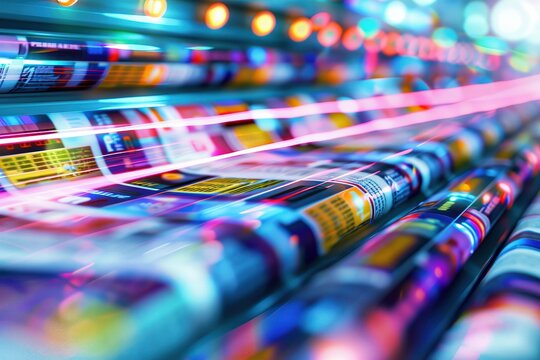 Colorful printing press machine in motion, producing vivid and vibrant images on paper in a high-speed commercial print setting.
