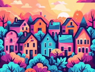 Obraz premium Colorful illustration of a charming village with vibrant houses and lush trees in a picturesque setting at sunset.