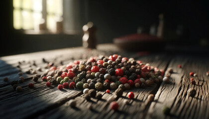 peppercorns loosely arranged in a sunlit spot on an old wooden kitchen table