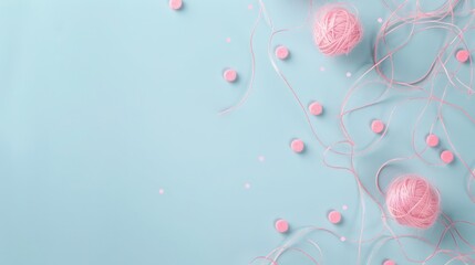 Dusty rose dots linked by blush pink threads on a light blue background, text area in the upper right