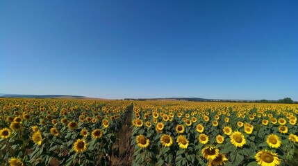 Expansive sunflower field under clear blue sky during late summer afternoon