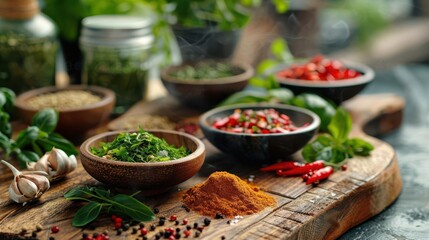 Exotic ingredients on a rustic kitchen counter, with plating techniques showcased on a wooden board