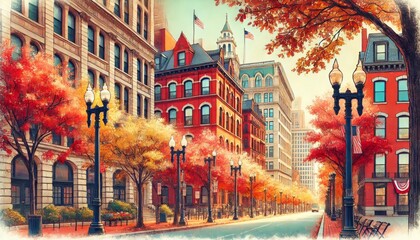 A autumn scene in Boston, features Freedom Trail lined with vibrant trees