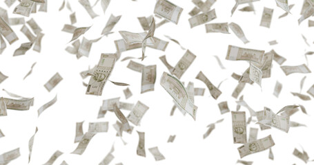 3D illustration of 500 Rupees note. Money falling from above. Transparency image with alpha channel.