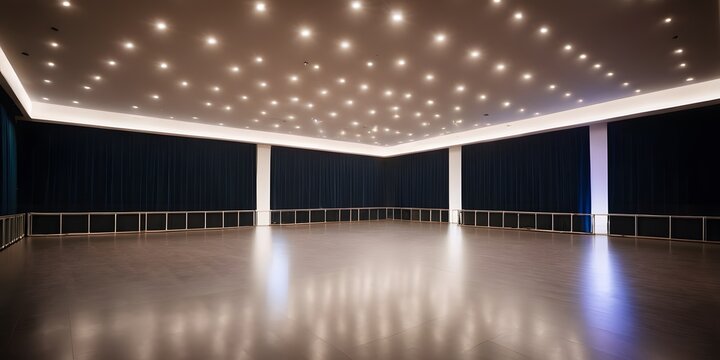 Spacious empty event hall with modern lighting and a minimalist stage, ready for various functions and gatherings.