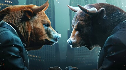 Bull versus bear in suits facing each other, trading on stock market, copy space, 16:9