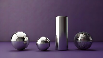 Front view of cylinders and three spheres against purple background Generative AI