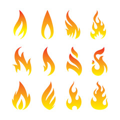 Fire flame icons set. Isolated on white background. Vector illustration.