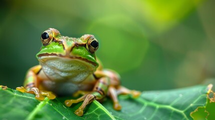 Naklejka premium Close-up of a frog on a leaf. 