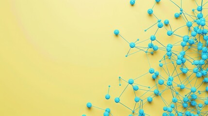 Fototapeta premium Electric blue dots linked by cyan threads on a soft yellow canvas, text space in the top right