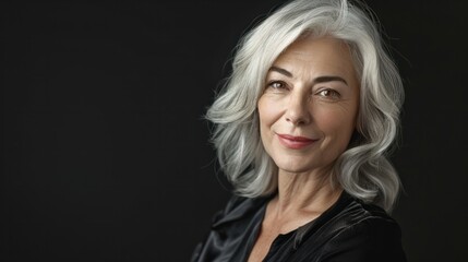 Fototapeta premium Elegant middle-aged woman with shoulder-length silver hair, smiling and standing confidently in front of the camera against a black background. senior woman