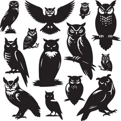 owl silhouette vectors on a white page high quality high resolution, black color isolated on white background