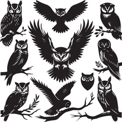 owl silhouette vectors on a white page high quality high resolution, black color isolated on white background