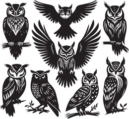 owl silhouette vectors on a white page high quality high resolution, black color isolated on white background