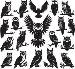 owl silhouette vectors on a white page high quality high resolution, black color isolated on white background