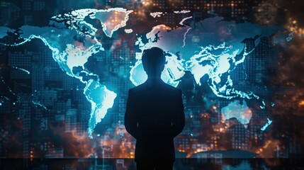 Geoeconomics and geopolitics: silhouette of a person with their back turned, looking at a world map on a screen to direct operations and control the future of countries.