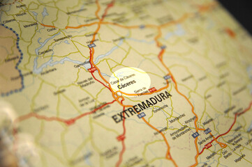 Map including destination Caceres in Extremadura, Spain