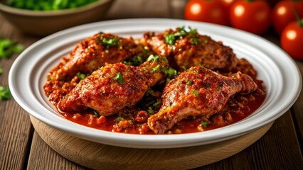 Fototapeta premium Deliciously seasoned chicken drumsticks in a rich tomato sauce