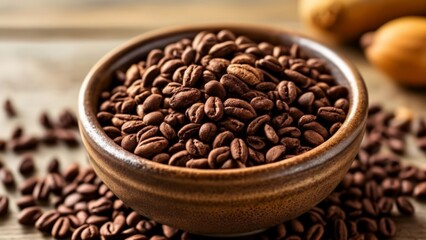 Fototapeta premium Aromatic coffee beans in a wooden bowl ready to brew