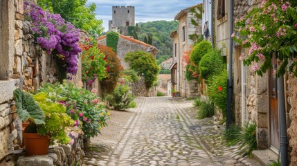 Fototapeta premium An ancient cobblestone road in a medieval village, lined with quaint stone houses and blooming flowers. The road leads to a historic castle in the distance. 