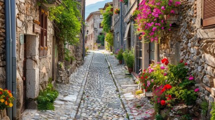 Fototapeta na wymiar An ancient cobblestone road in a medieval village, lined with quaint stone houses and blooming flowers. The road leads to a historic castle in the distance. 