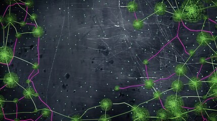 Emerald green dots linked by fuchsia lines on a deep charcoal canvas, designated text space in the upper center