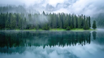 A misty lake reflecting towering pine trees