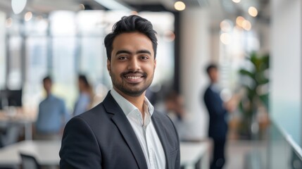 Fototapeta premium portrait of a handsome smiling asian indian businessman boss in a suit standing in his modern business company office. his workers standing in the blurry background. Generative AI