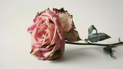 A solitary withered pink rose on white backdrop symbolizing loneliness and sorrow