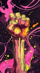 Stylized fist in motion with colorful splashes and waves