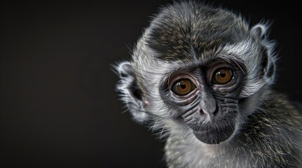 Fototapeta premium Portrait of. a baby vervet monkey on a black background. generative ai