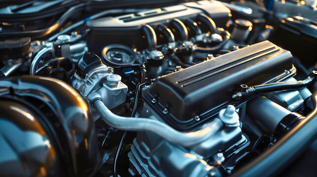 Mechanical system, engine motor chromed and metal parts of a car or transport vehicle under the hood or bonnet, service and oil change, repairment, screws, valves, cables, automobile, industrial, fuel