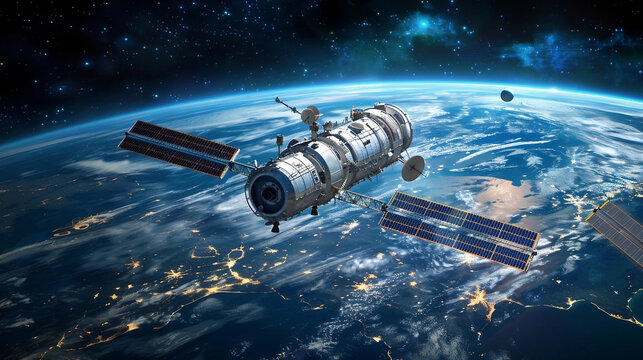 Satellite Orbiting Earth with Night Lights