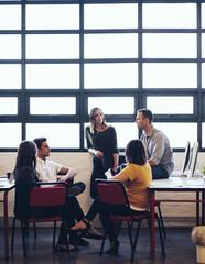 Teamwork, people and brainstorming in office for business, project and planning or communication. Collaboration, men and women in workplace or creative agency for conversation, meeting or partnership