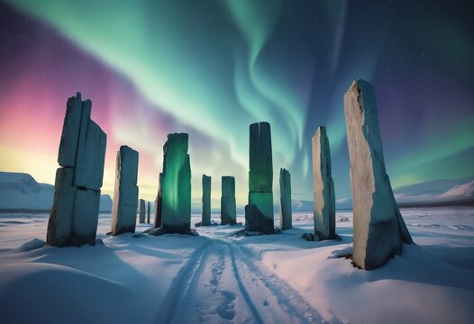 A magical henge in flat winter landscape with the magical northern lights