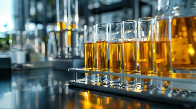A row of test tubes filled with a yellow liquid sit on a counter