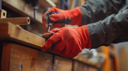 Assembling Furniture with Red Gloved Hands Using a Hex Key