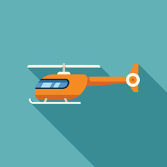 Orange helicopter flying, simple flat design with long shadow on a turquoise background