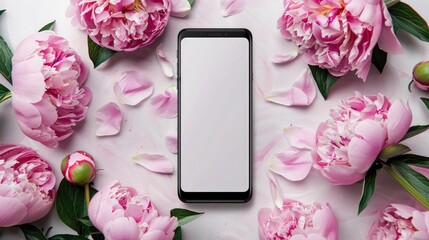 Mockup of smartphone featuring pink peonies on elegant background for app design demo